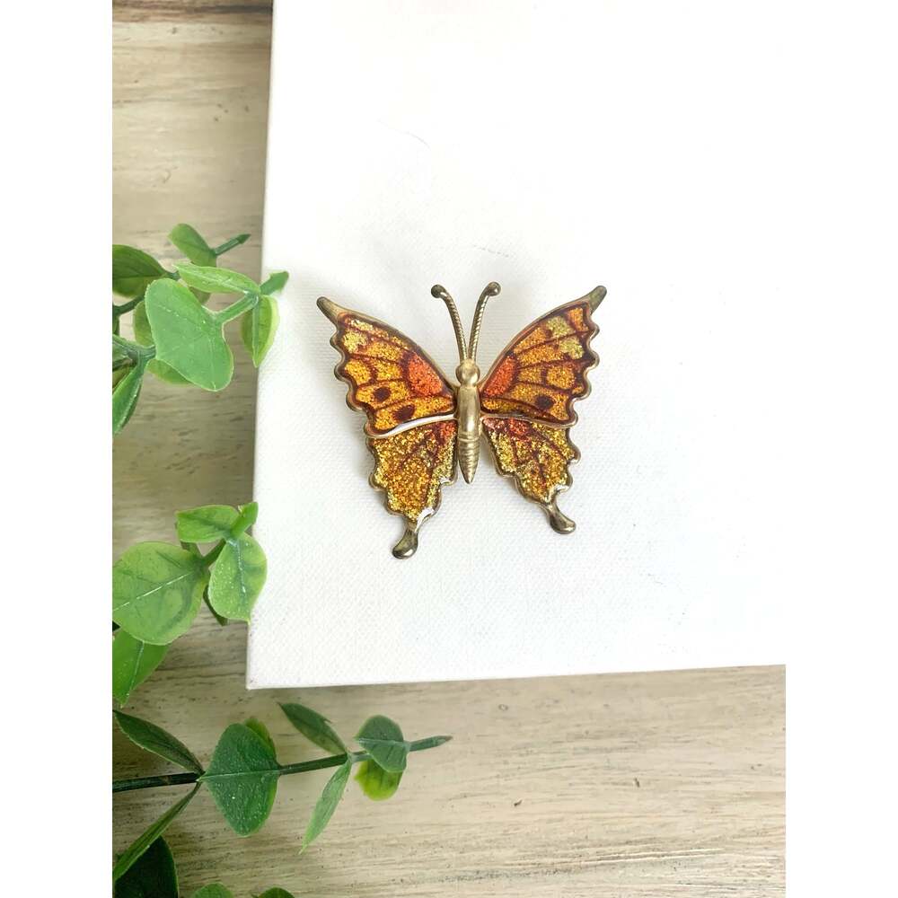 Vintage Butterfly Brooch Gold Glitter Enamel Cottagecore Pin Insect Bug Jewelry